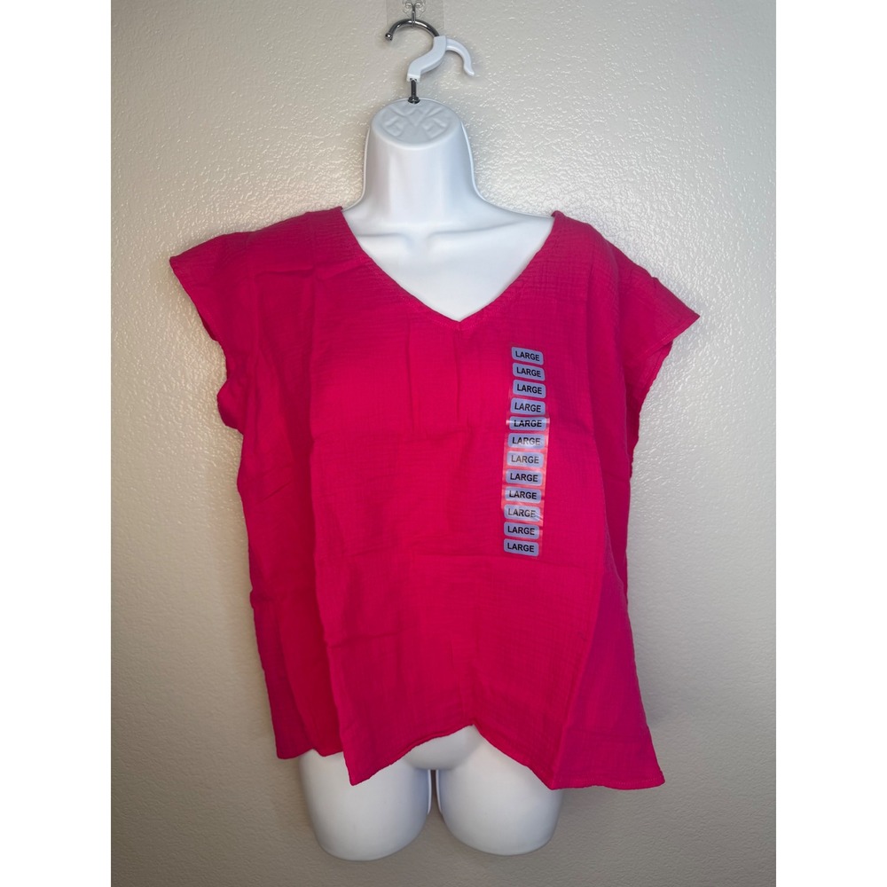 Three Dots Womens Fuchsia Pink Double Gauze V-Neck Cap Sleeve Top Large NEW